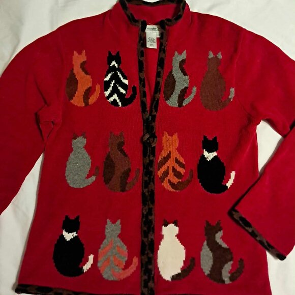 WOMENS COLDWATER CREEK RED LEOPARD TRIM CAT SWEATER CARDIGAN SMALL - Picture 1 of 5